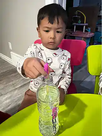 child putting a toy seahorse in bottle of water