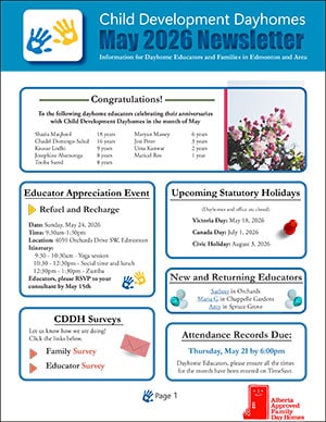 Child Development Dayhomes Edmonton newsletter May 2026